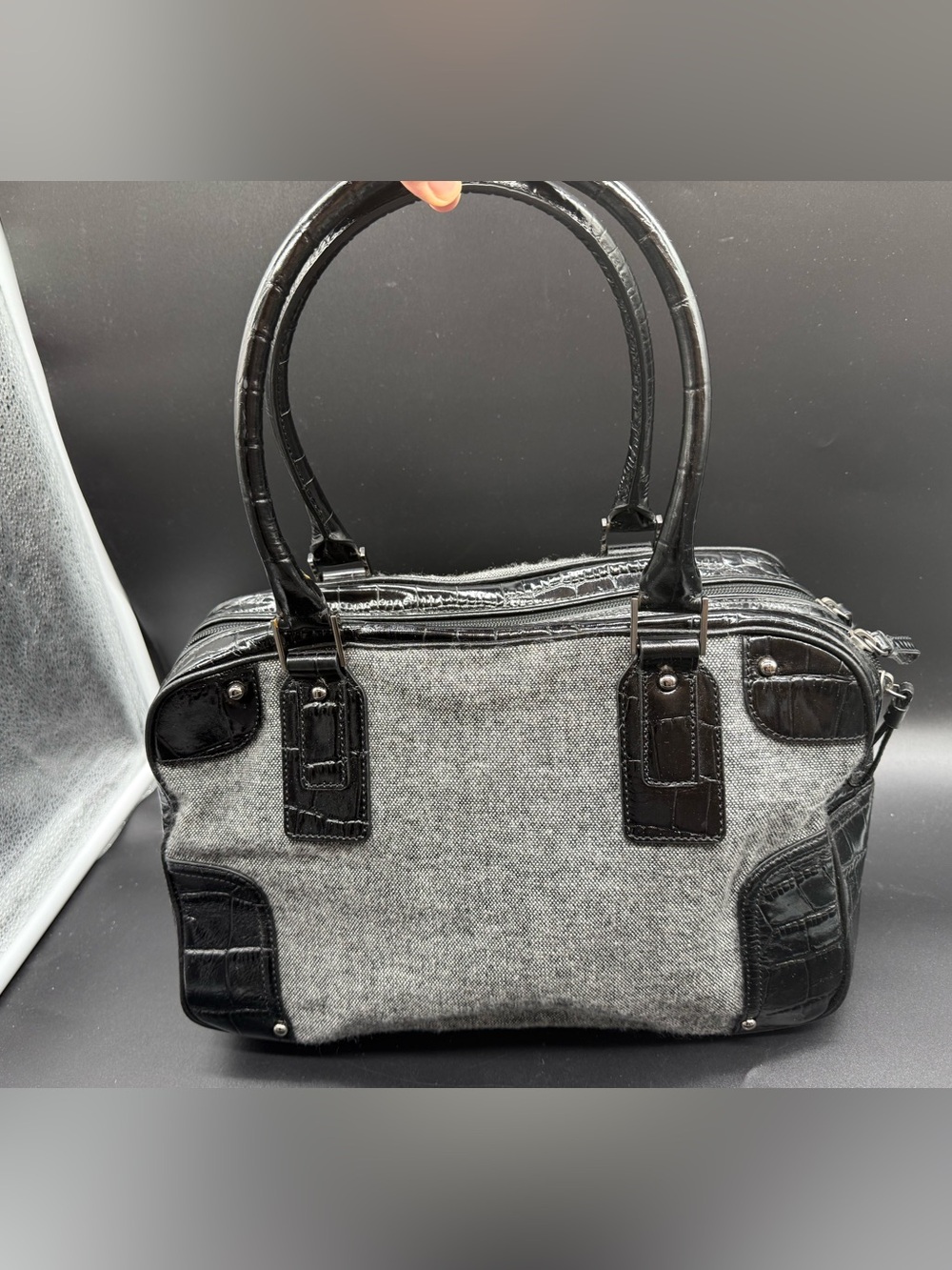 Talbots Gray Black Croc Embossed Satchel Handbag Double Handle Y2K